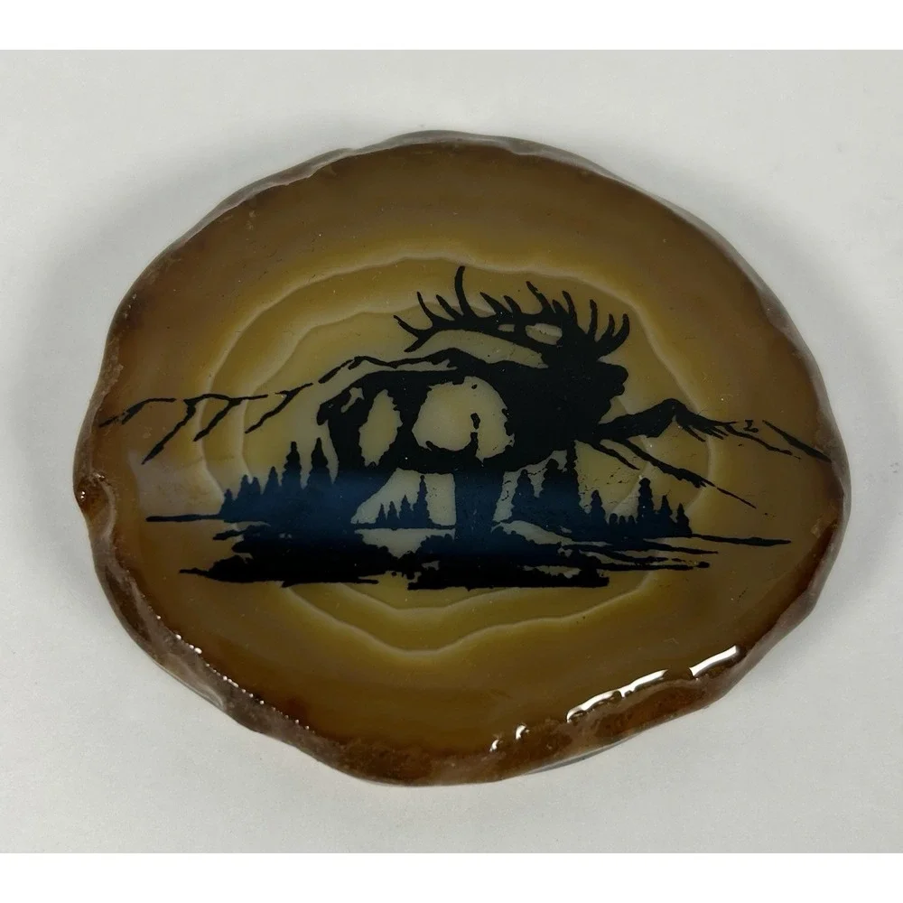 Wood Slice Belt Buckle Elk Mountains Outdoors Brass Hardware Vintage Cowboy